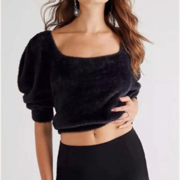Free People Large Black Sweater Moonbeam Pullover Soft‎ Fuzzy 3/4 Sleeve Soft - Picture 3 of 10